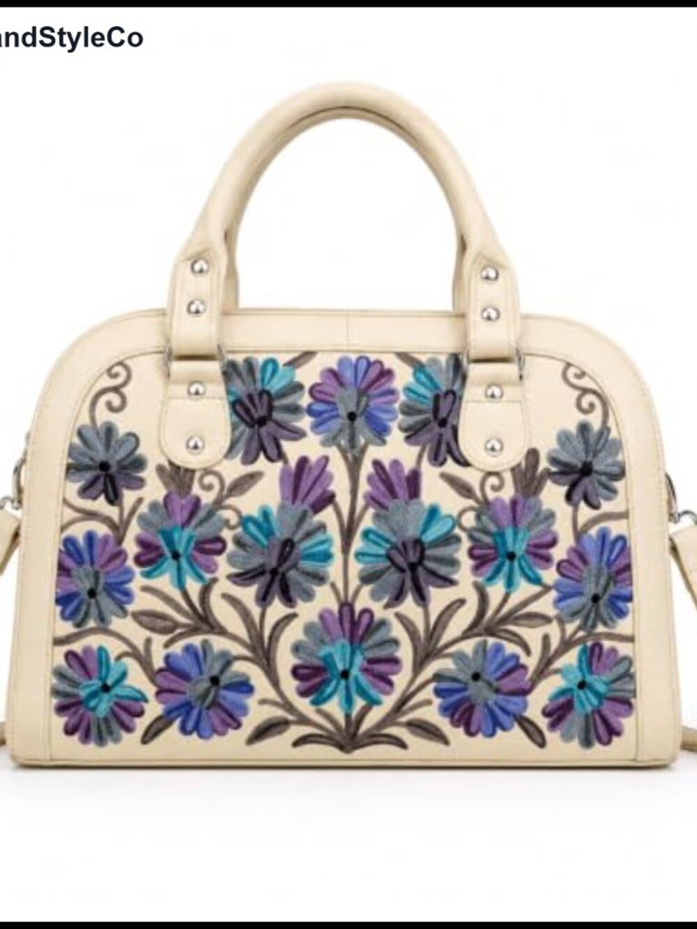 Floral Embroidered Dome Satchel Purse with Top Handles & Removable Strap